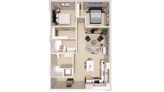A detailed 3D floor plan of a small apartment layout.