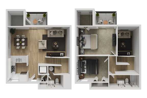 A diagram of a small apartment with two bedrooms and a living room.