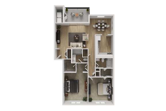 A floor plan of a small apartment with a kitchen, living room, and two bedrooms.