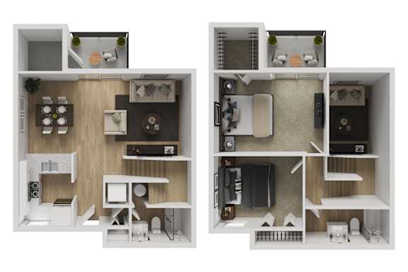A diagram of a two-bedroom apartment with a kitchen and living room.