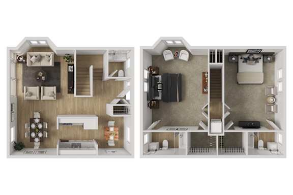 A floor plan of a two-bedroom apartment with a kitchen and living room.