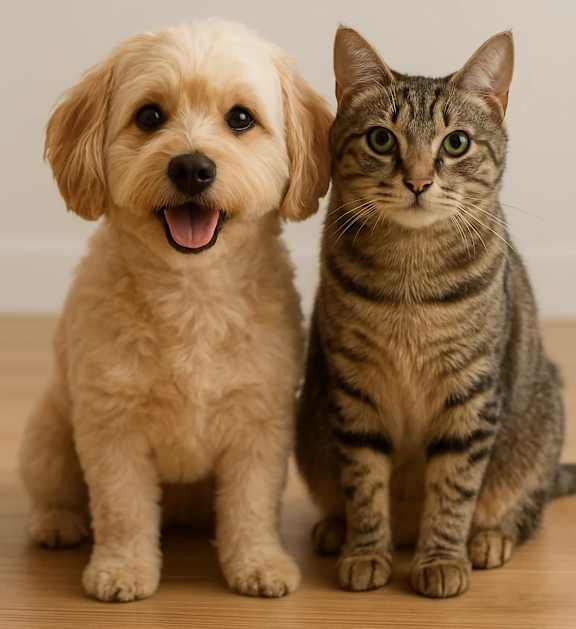 A small dog and a cat sitting next to each other.