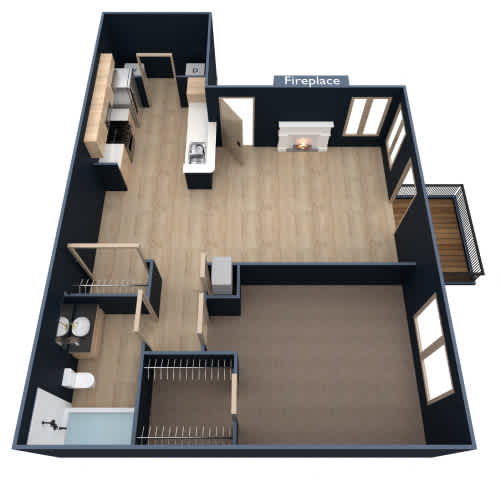 A floor plan of a house with a fireplace labeled.
