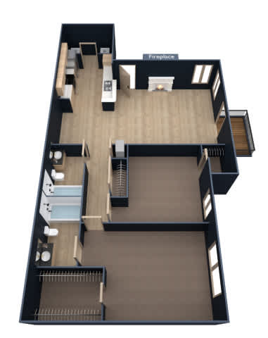 A black and white floor plan of a house with a fireplace.
