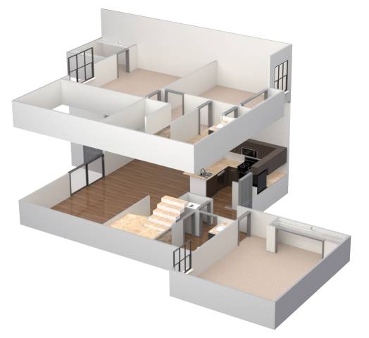 Floor Plan  A 3D image of a house with a staircase leading to a second floor.