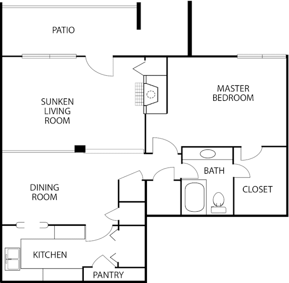 A floor plan of a house with a patio, sunken living room, dining room, kitchen, pantry, master bedroom, and bathroom.
