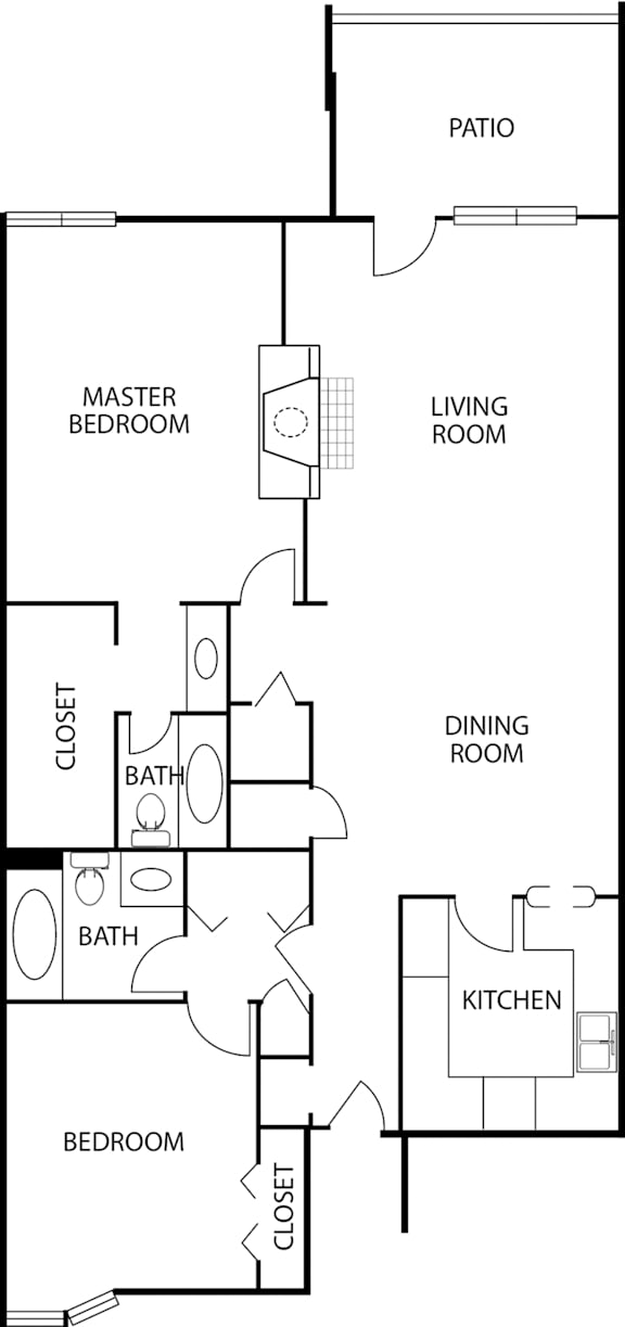 A floor plan of a house with a master bedroom, living room, dining room, kitchen, and two bathrooms.