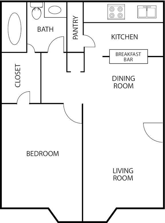 A floor plan of a house with a living room, dining room, kitchen, pantry, bathroom, and bedroom.