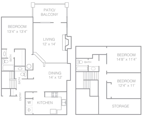 A floor plan of a house with a kitchen, two bedrooms, a living room, a dining room, a patio/balcony, and storage.