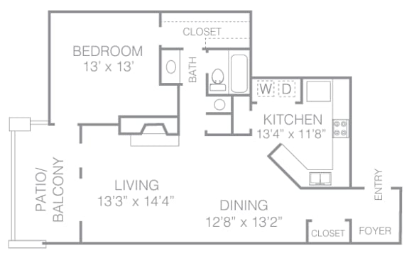 A floor plan of a small apartment with a bedroom, living room, kitchen, and dining room.