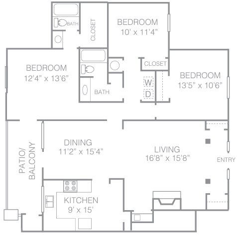 Floor Plan  A floor plan of a house with two bedrooms, a living area, a kitchen, a dining area, a bathroom, and a patio.
