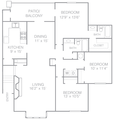 A floor plan of a home with a living area, kitchen, dining area, and three bedrooms.