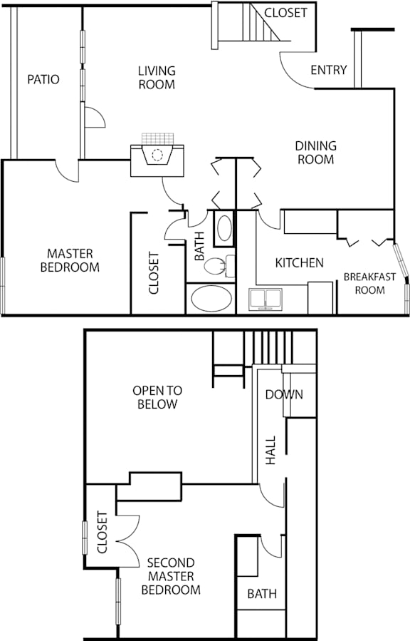 A floor plan of a house with two master bedrooms.