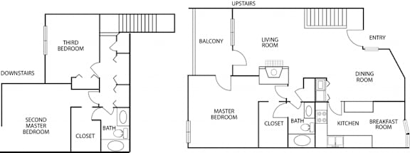 A floor plan of a house with two bedrooms and a separate dining room.