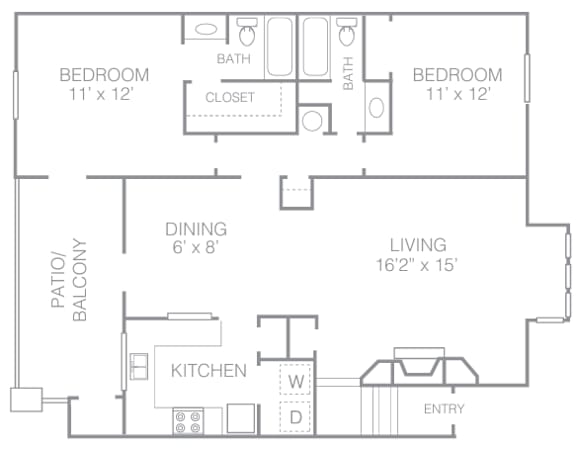 A floor plan of a house with two bedrooms, a living room, a dining room, a kitchen, a patio, and a balcony.