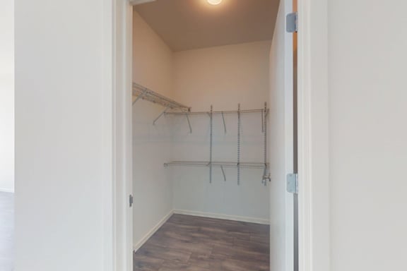 A white closet with a wooden floor and a white door.
