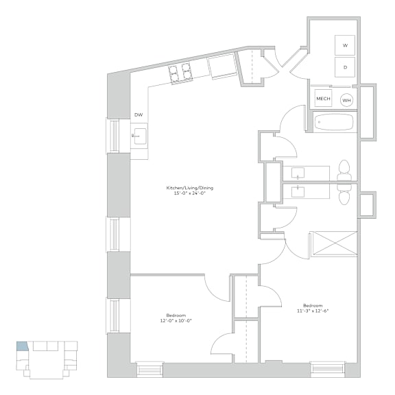 A floor plan of a house with a kitchen, dining area, and a bedroom.