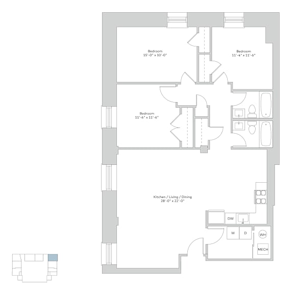 A floor plan of a house with three bedrooms and a kitchen/living room.