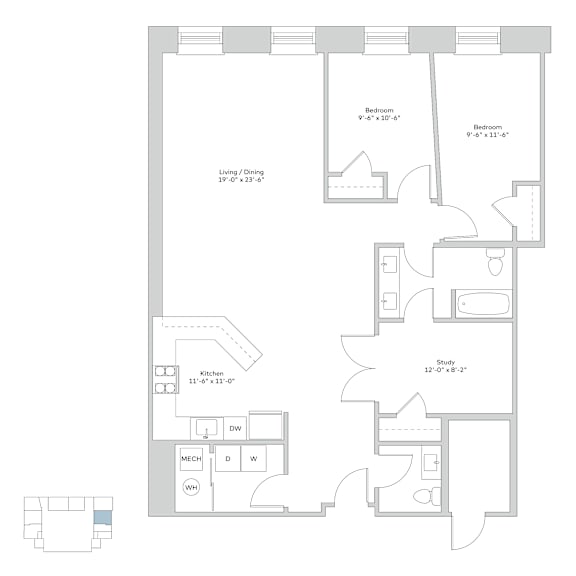 A floor plan of a house with two bedrooms, a living area, a kitchen, a dining area, a bathroom, a study, and a workshop.