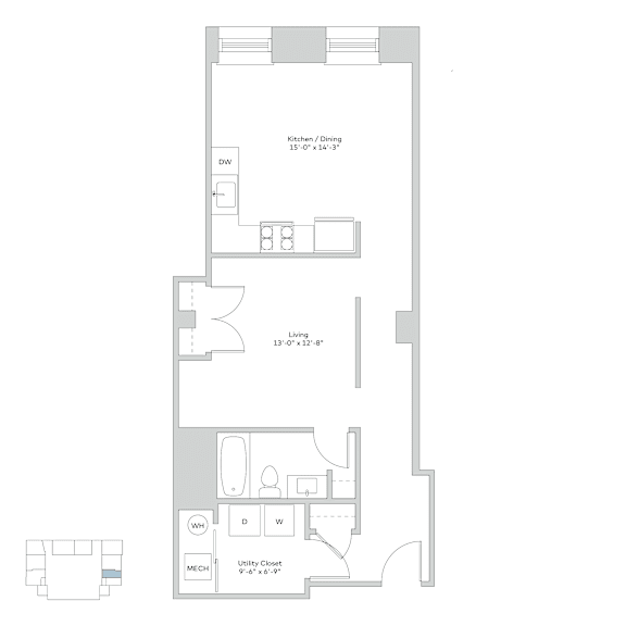 A floor plan of a house with a kitchen, dining area, and living room.