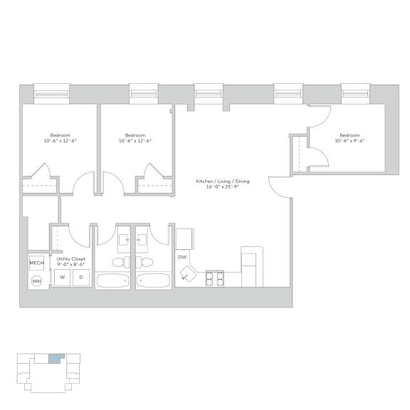 A floor plan of a house with three bedrooms and a kitchen/living room.