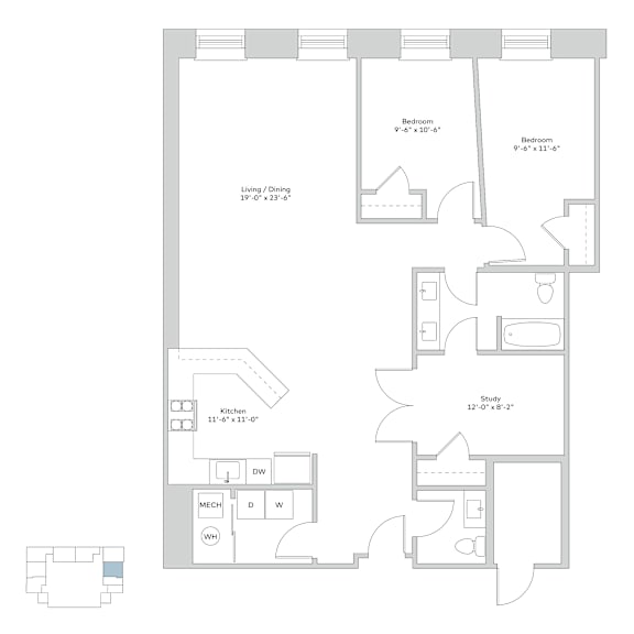 A floor plan of a house with two bedrooms, a living area, a kitchen, a dining area, a bathroom, a study, and a workshop.
