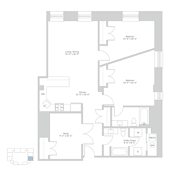 A floor plan of a house with a living room, two bedrooms, a study, a kitchen, a laundry room, a cloakroom, a utility room, and a garage.