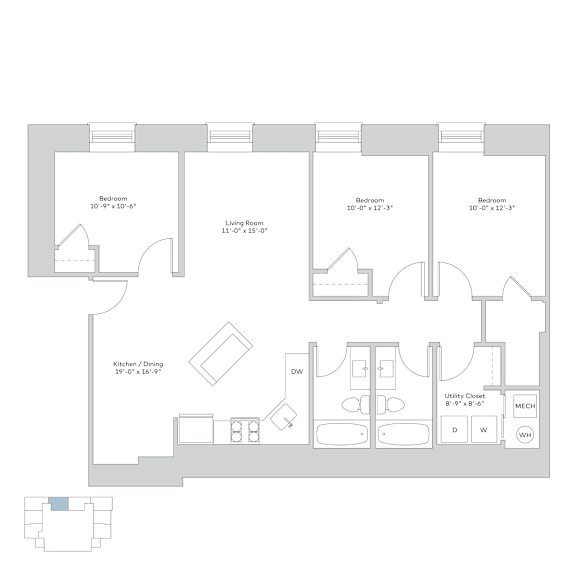 A floor plan of a house with three bedrooms, a living room, a kitchen/dining area, and a US by Closet.