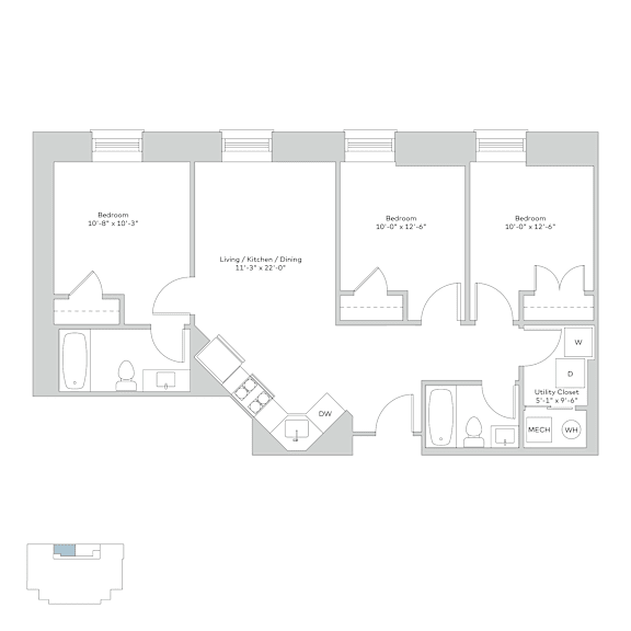 A floor plan of a house with three bedrooms, a living/kitchen/dining area, a utility closet, and a laundry room.