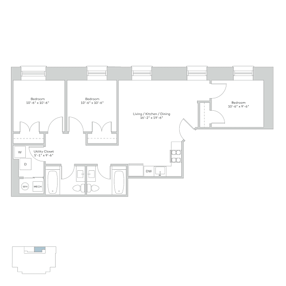 A floor plan of a house with three bedrooms, a living/kitchen/dining area, a utility closet, and a laundry area.
