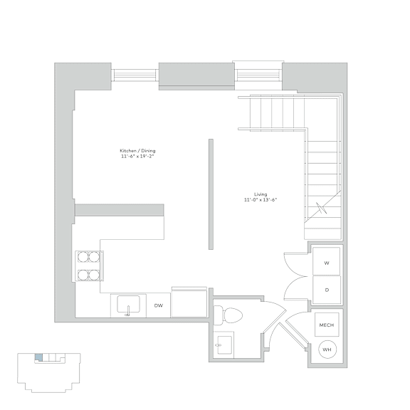 A floor plan of a house with a kitchen, dining area, and a living room.