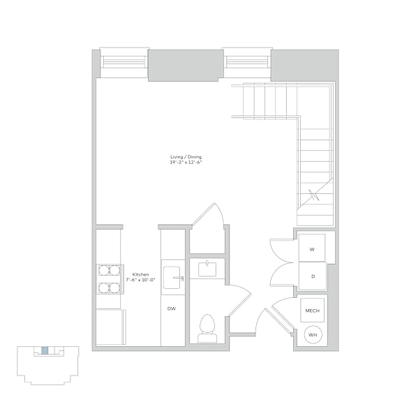 A floor plan of a one-bedroom apartment with a kitchen, dining area, and a bathroom.