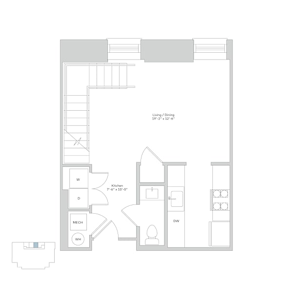 A floor plan of a house with a kitchen, dining room, and living room.