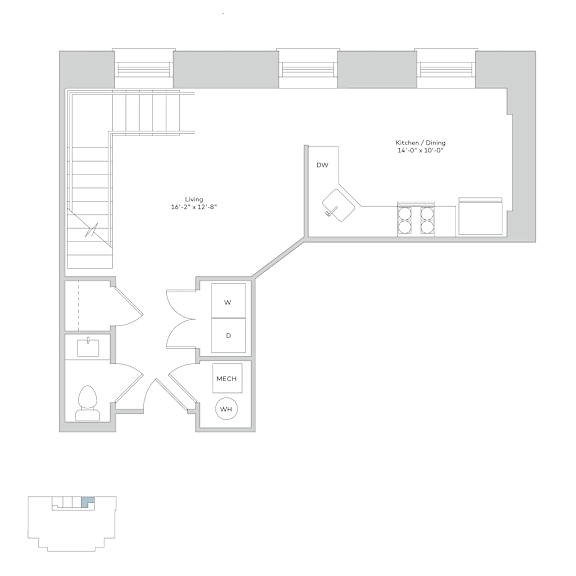 A floor plan of a house with a living room, kitchen, dining room, and a mechanical room.