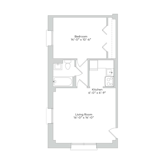 A floor plan of a small apartment with a bedroom, kitchen, and living room.