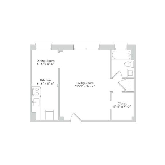 A floor plan of a small apartment with a kitchen, dining room, living room, and closet.