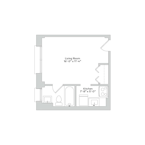 A floor plan of a small apartment with a living room and a kitchen.