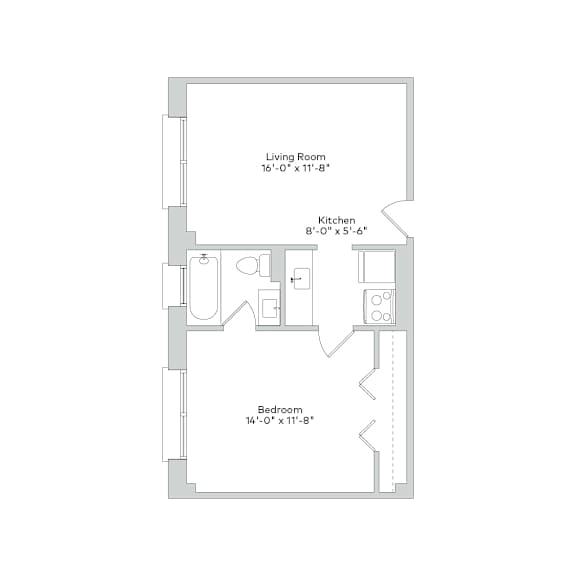 A floor plan of a small apartment with a living room, kitchen, and bedroom.