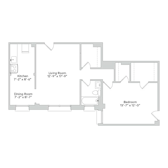 A floor plan of a house with a kitchen, dining room, living room, and bedroom.