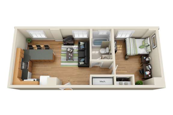 A 3D floor plan of a small apartment with a kitchen, living room, and bedroom.