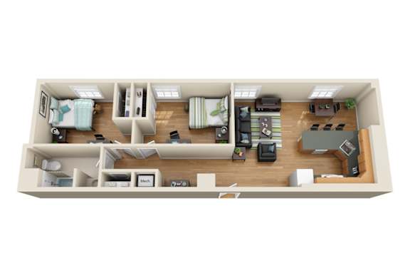 A top-down view of a small, neatly organized apartment.