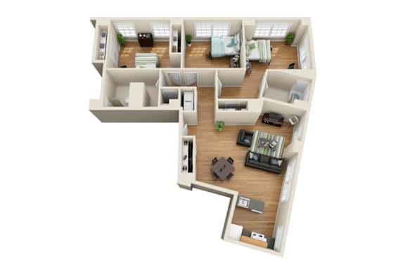 A 3D floor plan of a house with a kitchen, living room, and two bedrooms.