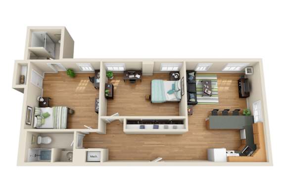 A 3D rendered image of a small apartment layout.