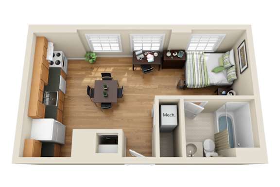 A top down view of a small apartment with a kitchen, living room, and bathroom.