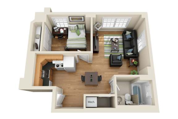 A 3D floor plan of a small apartment with a kitchen, living room, and bedroom.
