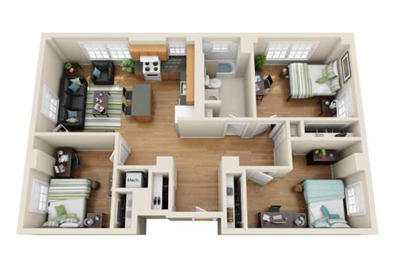 A top-down view of a two-bedroom apartment with a living room, kitchen, and bathroom.