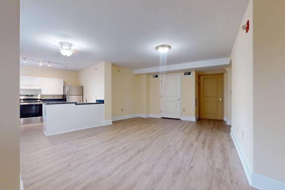 A room with a wooden floor and a door.