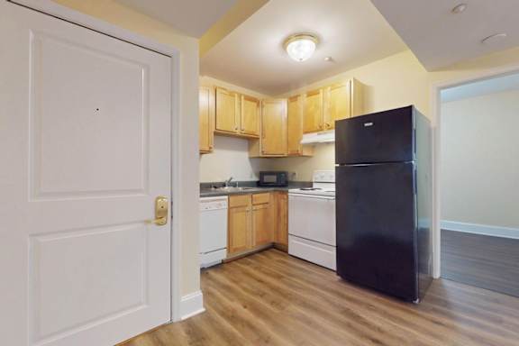 A kitchen with a black refrigerator and wooden cabinets.