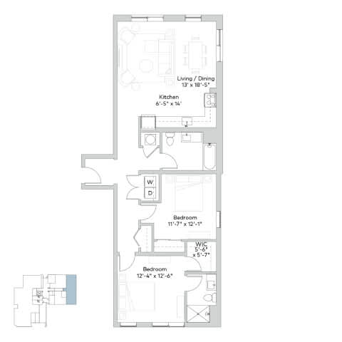 A floor plan of a house with a living/dining area, two bedrooms, and a kitchen.