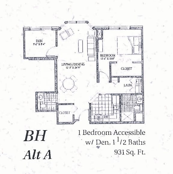 A floor plan of a one bedroom accessible apartment with den, 1 1/2 baths and a living/dining area.